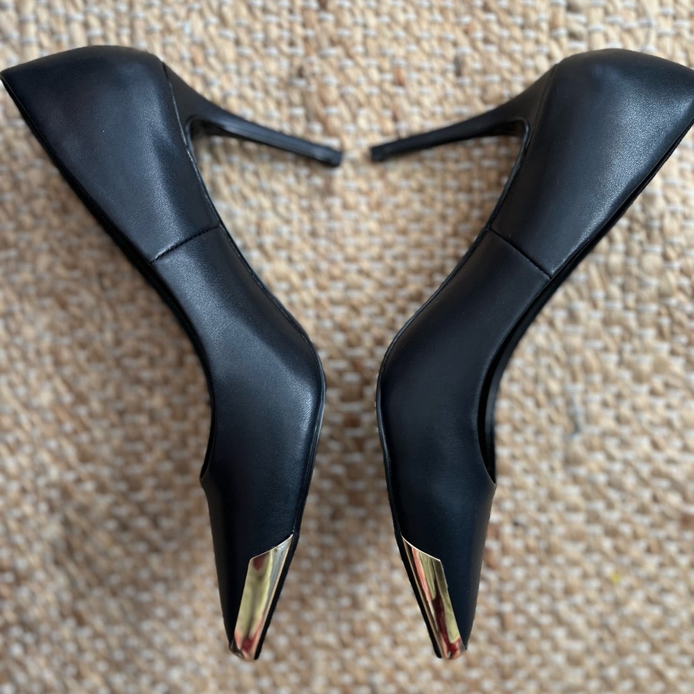 Versace Black Leather Pointed Pumps with Gold Toe Caps - Picture 5 of 11